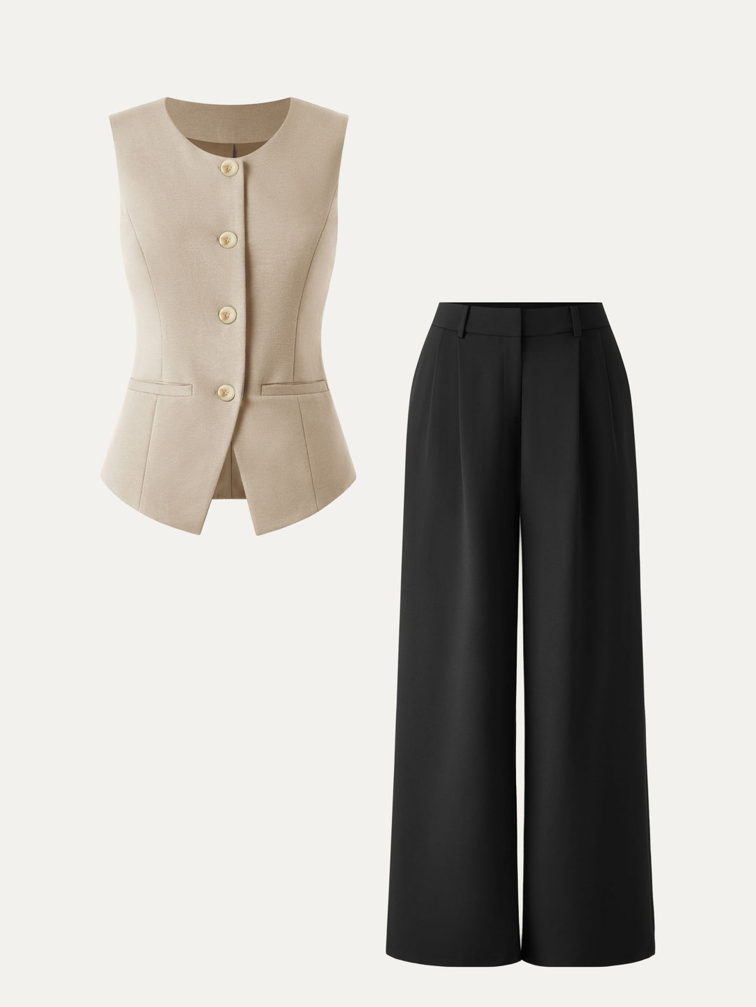 2Pcs Set Waistcoat with Pockets & Wide Leg Pant with Pockets