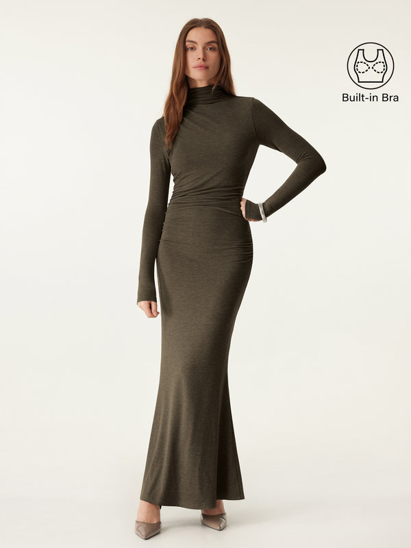 Mock Neck Asymmetrical Ruched Maxi Dress