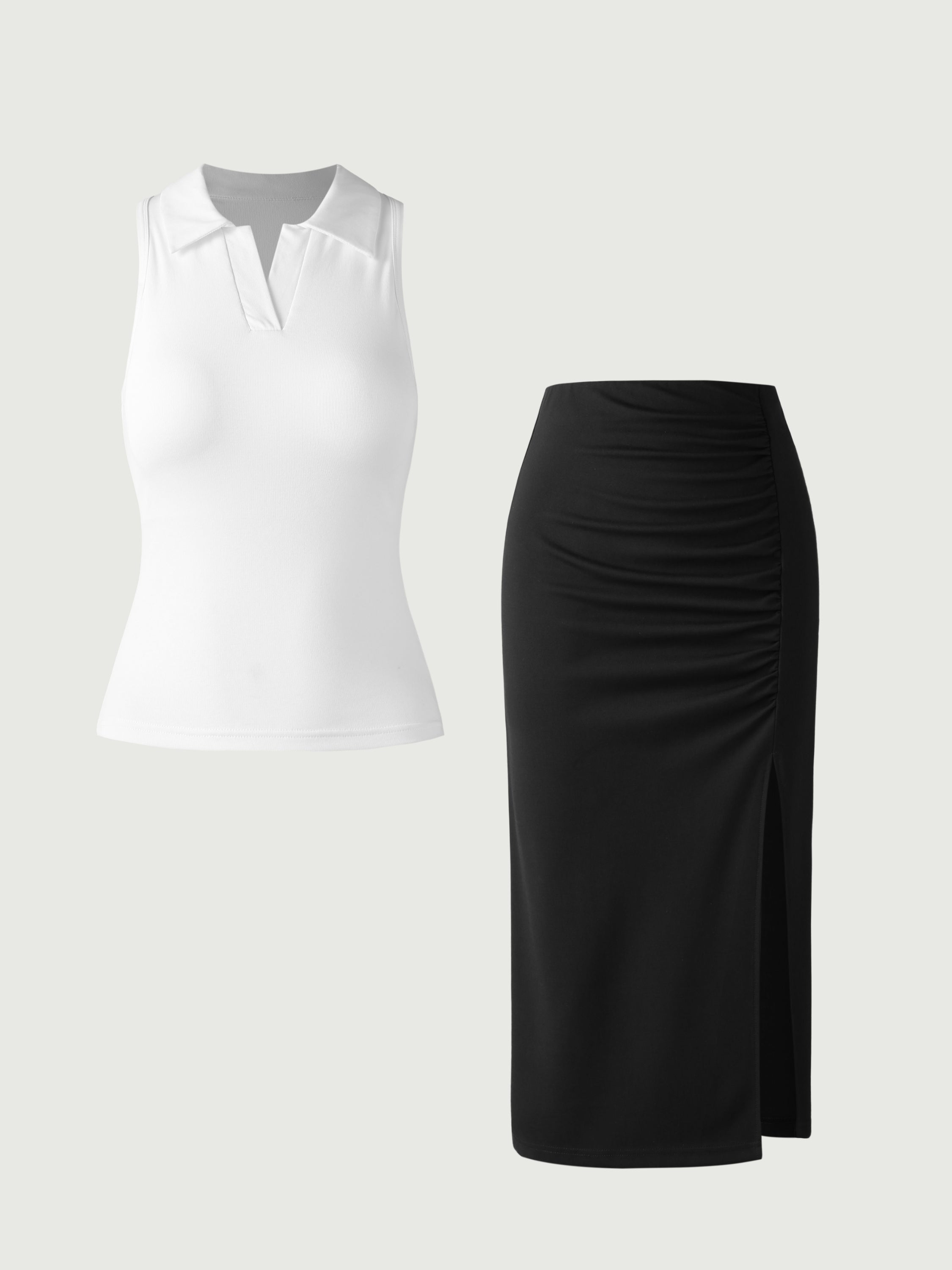 Cotton Polo Brami Tank & Ruching Slit Midi Skirt 2Pcs Set - White/Black