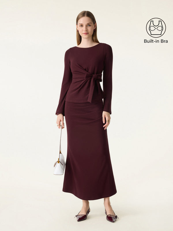 2Pcs Set Bow-Tie Belted Bell Sleeve Brami & Stretchy Tucked Flare Maxi Skirt