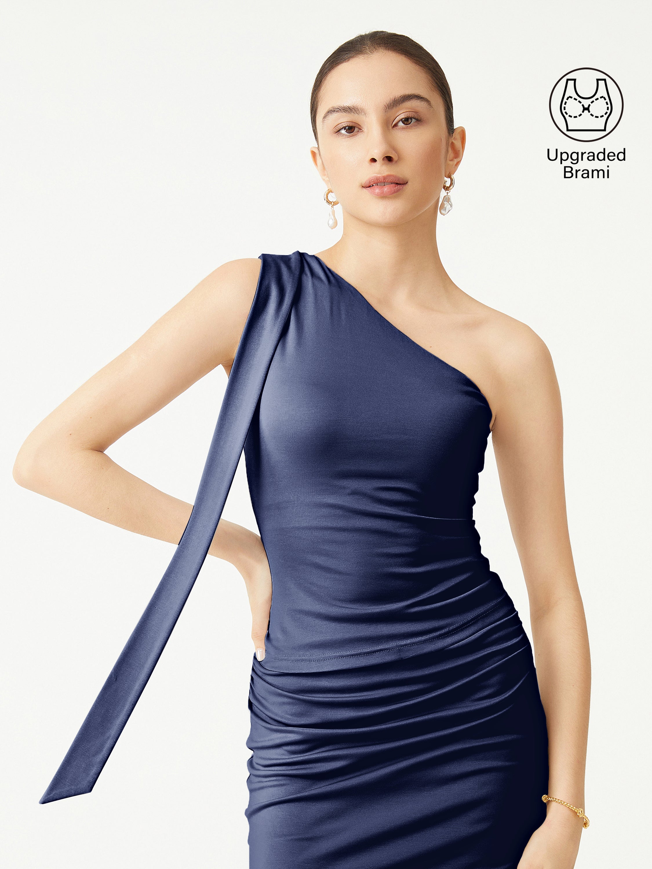 Acetate One Shoulder Ribbon Brami Tank - Space Navy