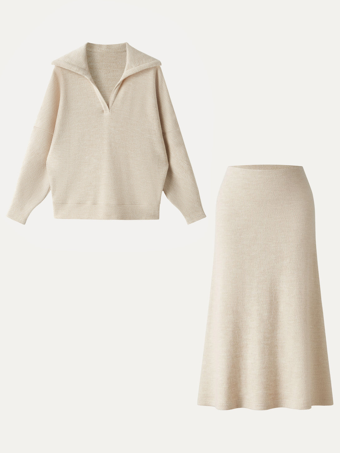 2Pcs Set Collared V-Neck Batwing Sleeve Pullover & Ribbed Midi Pull-on Skirt