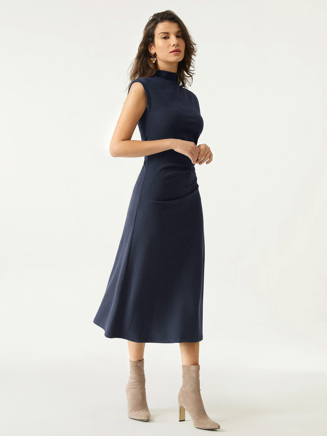 Mockneck Tucks Midi Dress Regular Navy