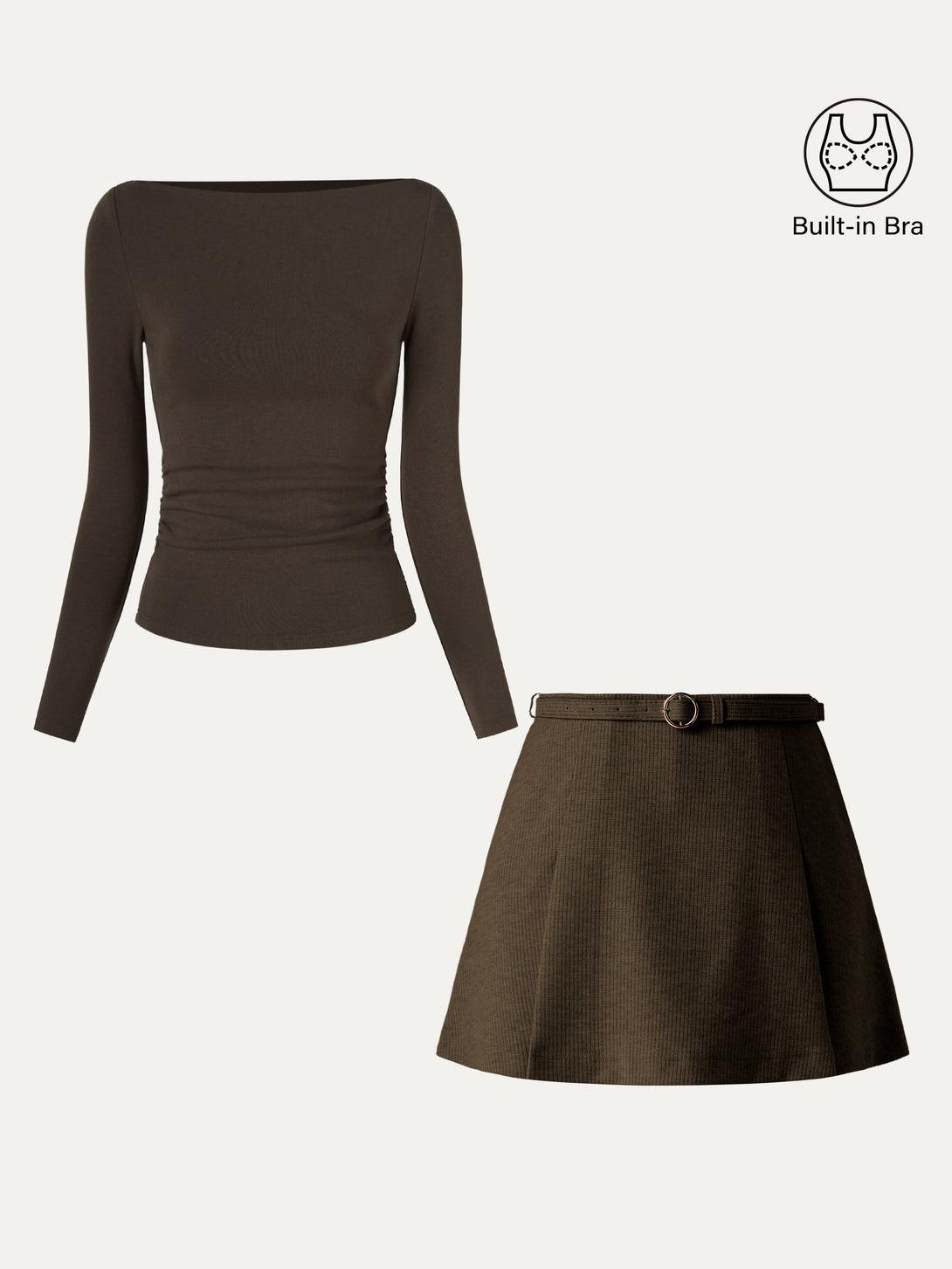 2Pcs Set Side Ruched Boatneck Brami Top & Belted Mini Skirt With Shorts Espresso/Oliver Coffee XS