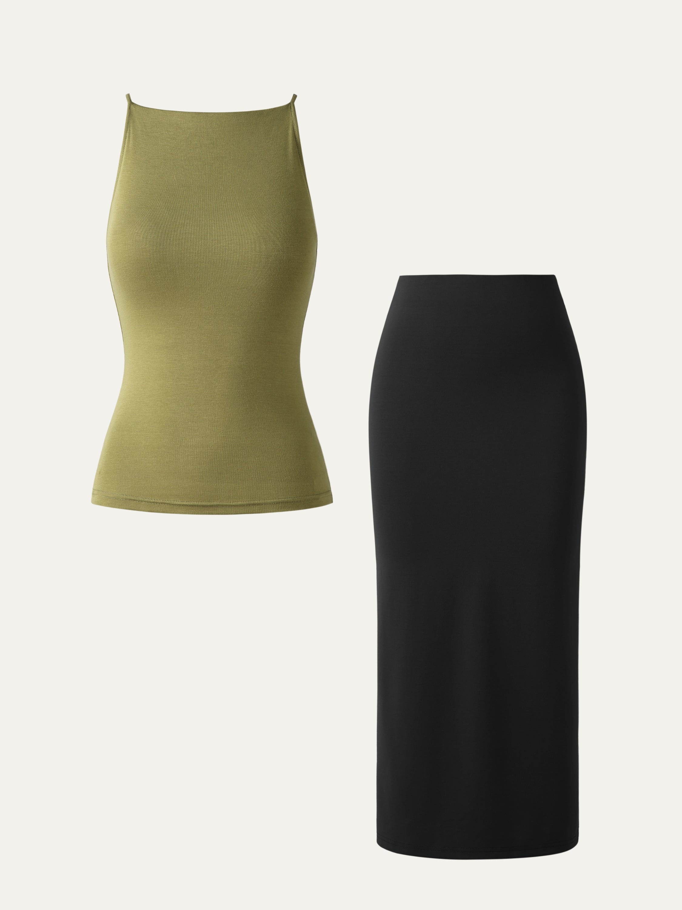 Eco-SkinKiss® Camilla Brami Top & Pull-On Midi Pencil Skirt 2Pcs Set - Olive Oil/Black