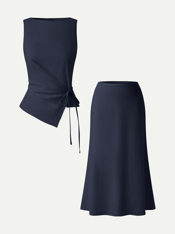 OGLmove 2Pcs Set Boatneck Waist-Defined Top & Maxi Flared Pull-On Skirt