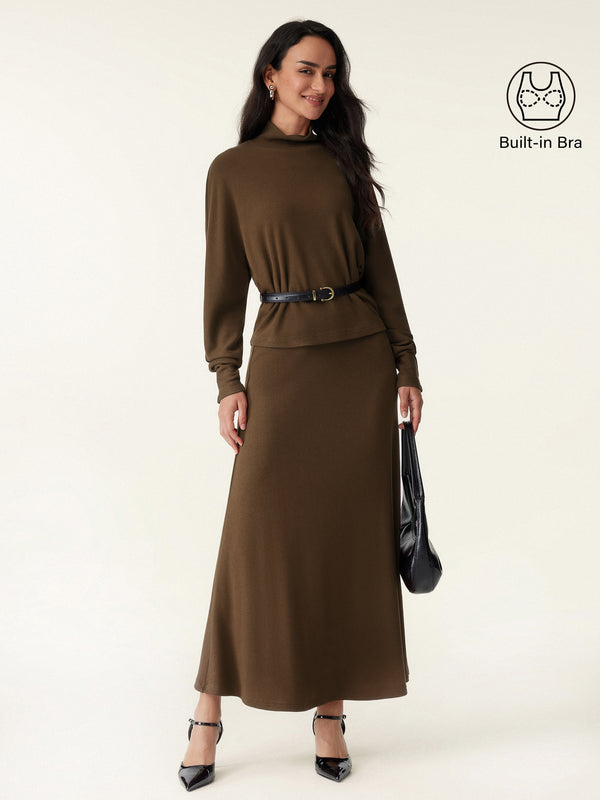 2Pcs Set Mockneck Batwing Brami Top & Knit Midi Skirt