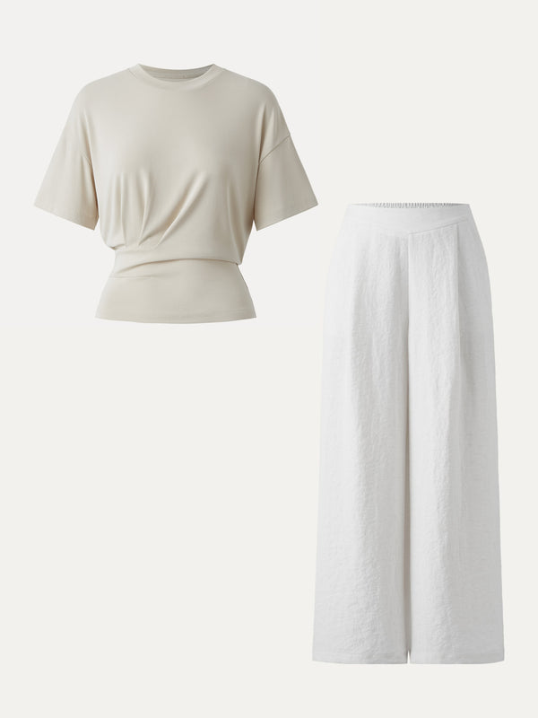 OGLmove 2Pcs Set Crewneck Tee & Mid Rise Wide Leg Pant with Pockets