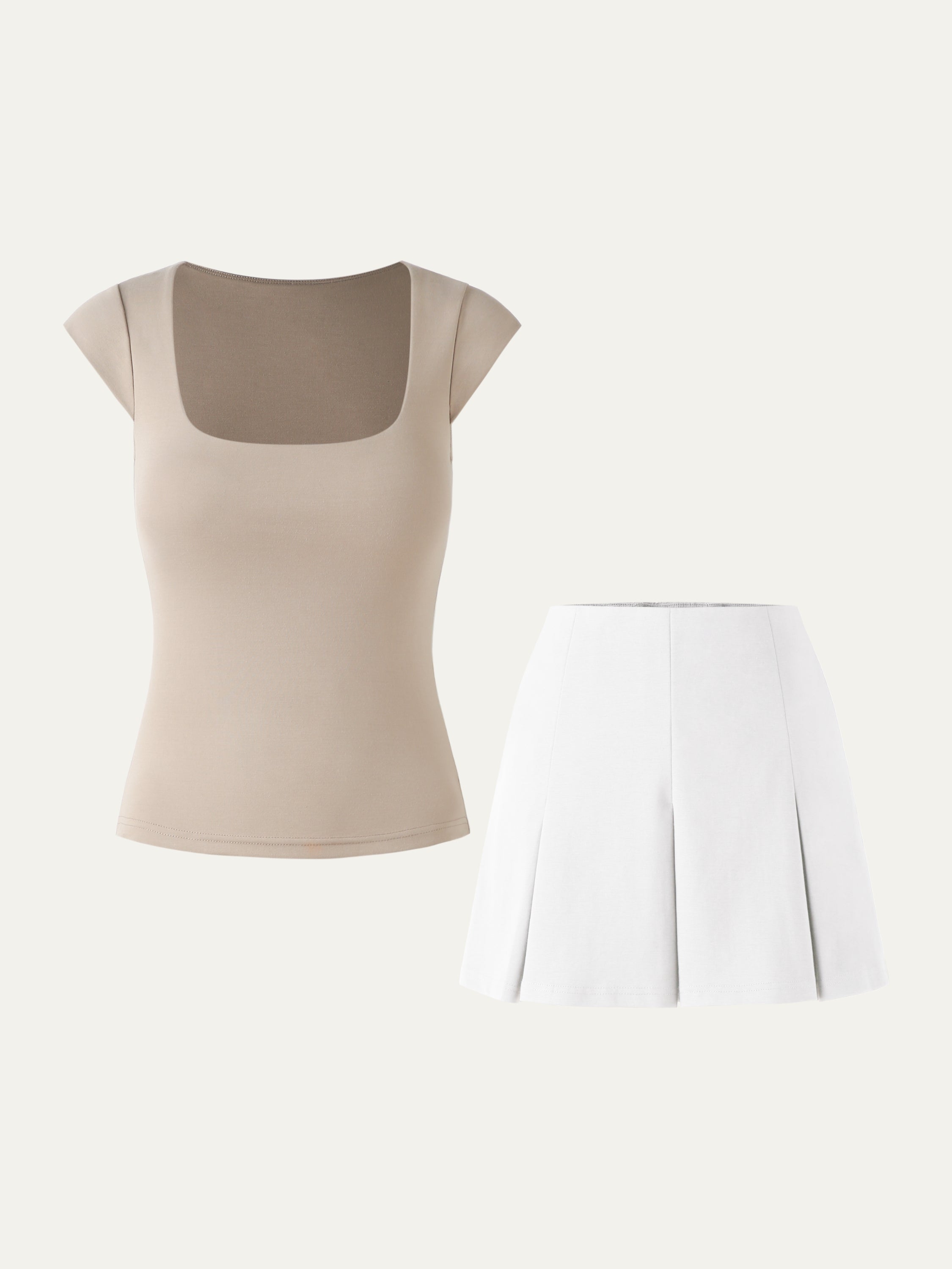 Cap Sleeve Square Neck Brami Top & Pleated Mini Skort 2Pcs Set - Ash Ivory - White