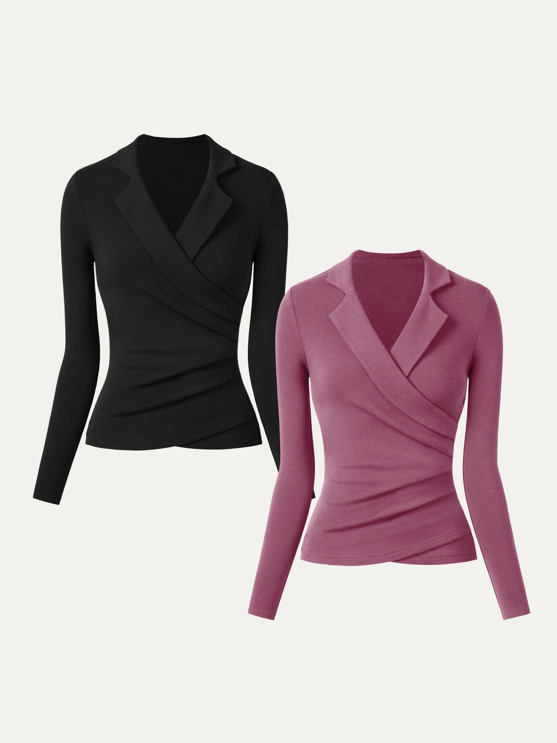 2Pcs Set Collared Surplice Top Black/Rose XS