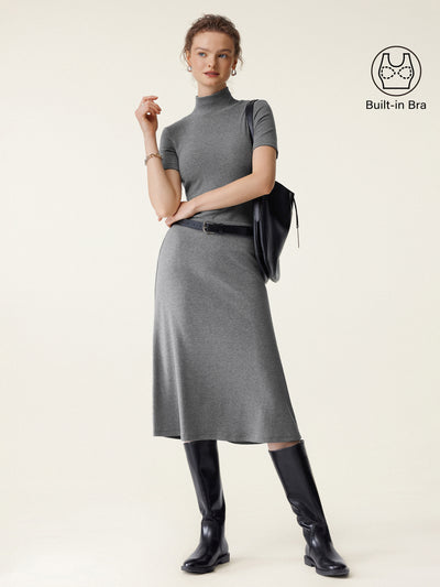 OGLmove 2Pcs Set Mockneck Short Sleeve Brami Top & Pull-On Midi Skirt Heather Carbon XXS