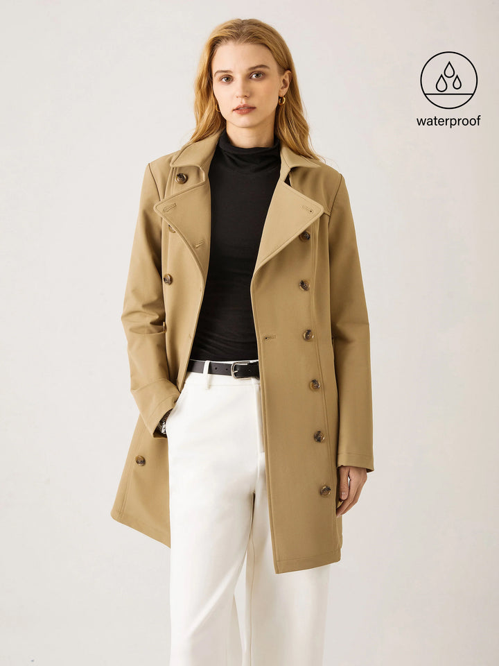 white woman in water repellent trench coat