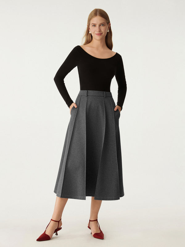 High Waisted Paneled Flare Hem Midi Skirt