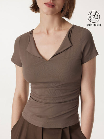 Flapped V-neck Side Ruched New Airy Brami Tee Iced Mocha XS