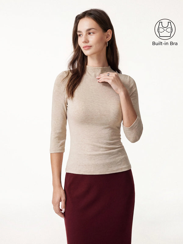 OGLmove Premium Lyocell-Wool Knit Mock Neck 3/4 Sleeve Bra Top Heather Pinky Mist XXS