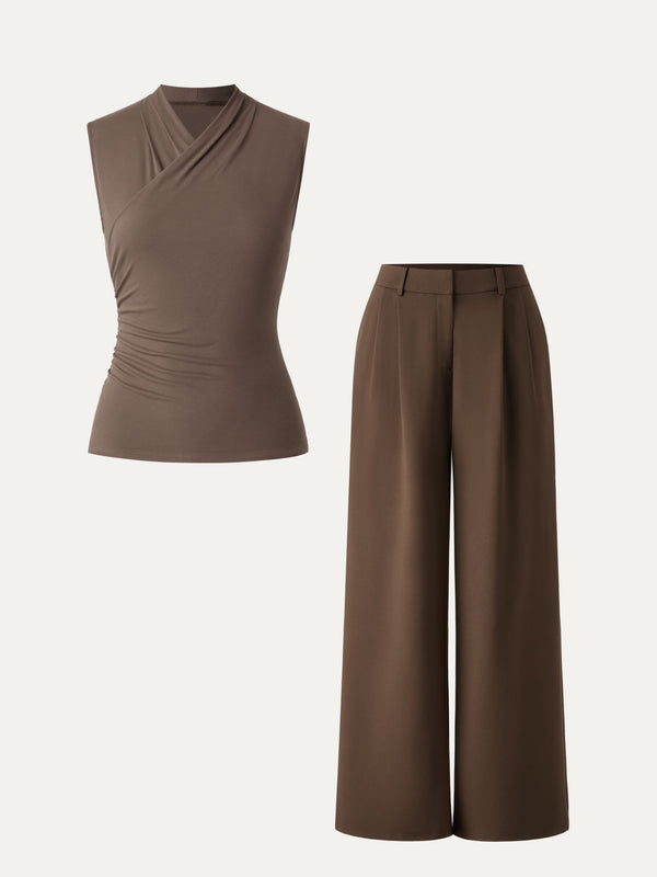 2Pcs Set Surplice Tank & Wide Leg Pant with Pockets