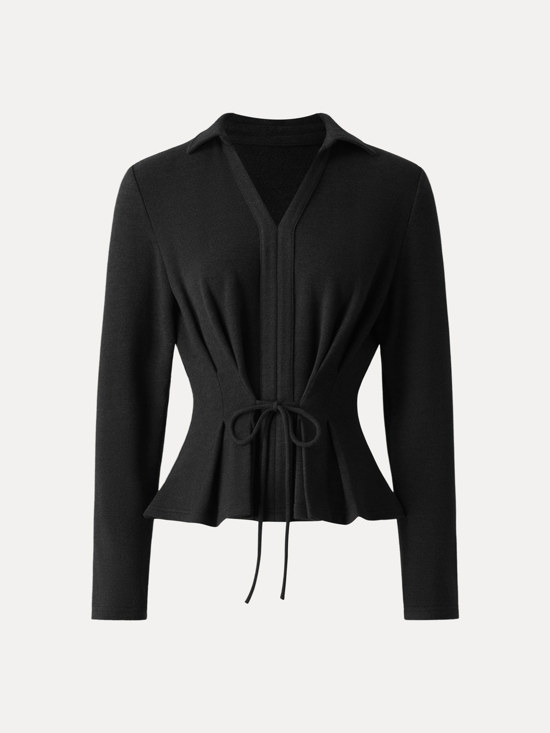 Polo Neck Drawstring Tie Long Sleeve Top Black XS