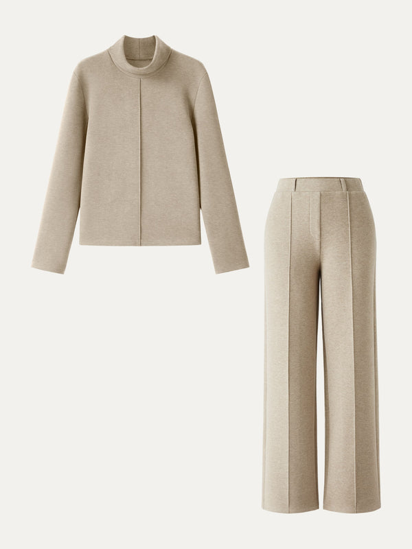 OGLmove 2Pcs Set FuzzLuxe Turtleneck Top & Regular High Waisted Straight Leg Pull On Pant