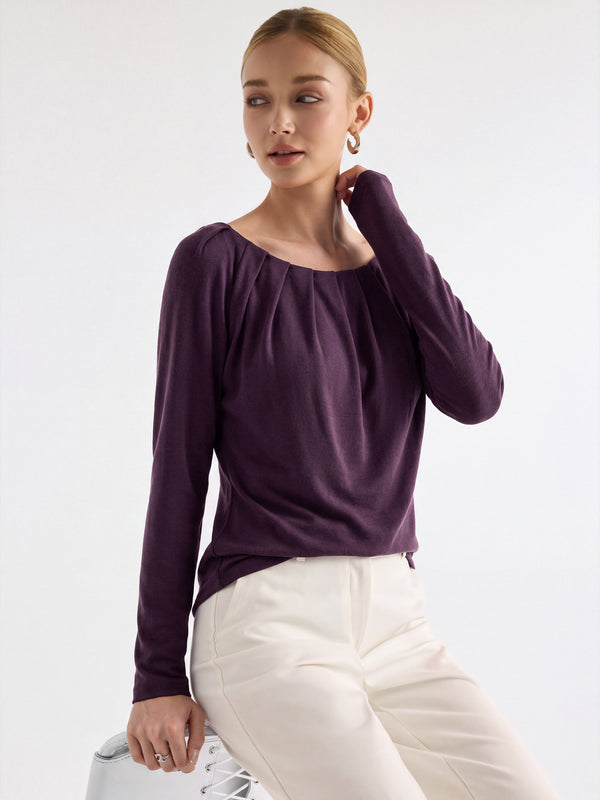 OGLmove LiteWarm Boatneck Long Sleeve Tucked Banded Hem Top Deep Fig XXS