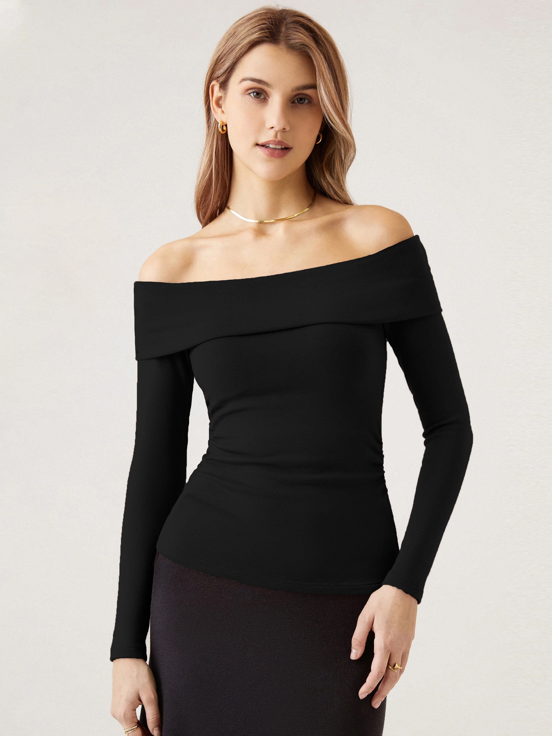 Eco-Mousse® Long-Sleeve Off-The-Shoulder Brami Top - Black