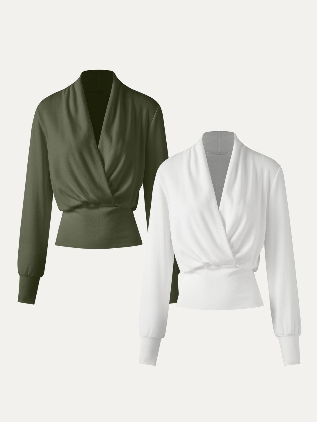 2Pcs Set Surplice Tuckable Top White/Deep Olive XS
