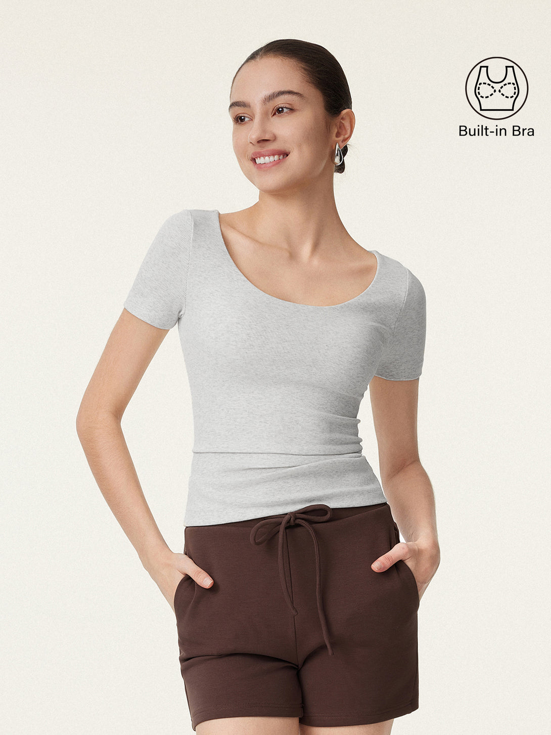 Scoop Neck Short Sleeve Cotton New Airy Brami Heather White XS