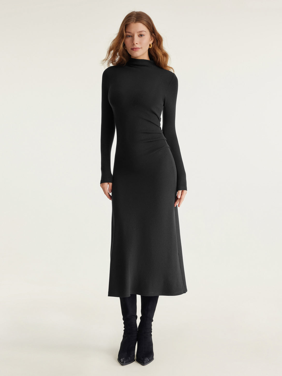 ProWarm Long Sleeves Mockneck Tucks Midi Dress Regular Black