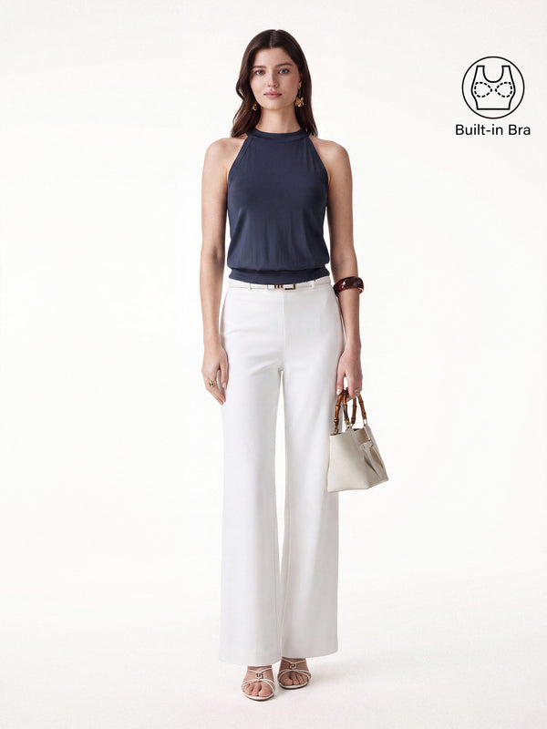 OGLmove 2Pcs Set Halter Neck Bra Top & Wide Leg Pants with Pockets Universe Navy/White XS