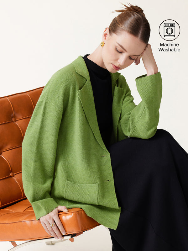 OGLmove Merino Blend Peaked Lapel Long Sleeve Belted Cardigan with Pockets Avocado Green XS