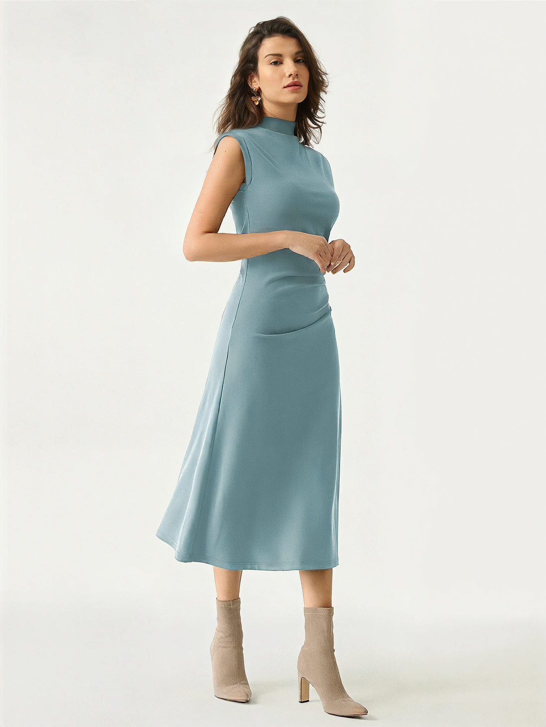 Mockneck Tucks Midi Dress Regular Pastel blue