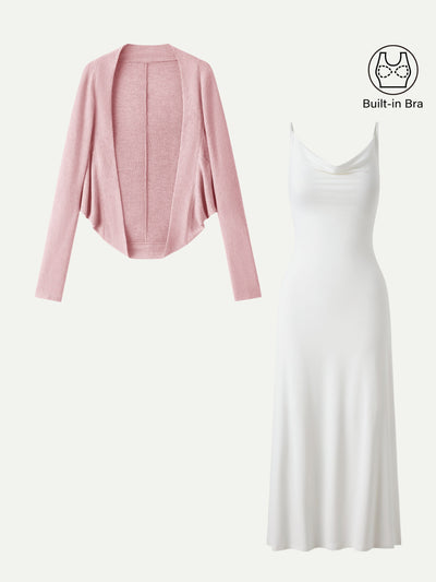 2Pcs Set Knit Shrug Sweater & Cowl Neck Midi Brami Dress Pink Dream/Pure White XS