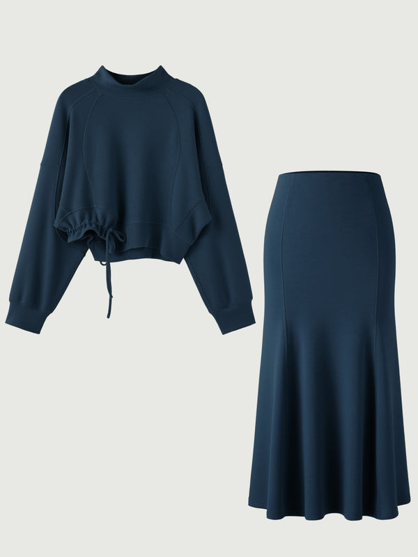 Spring ButterCream Knit Cropped Stand Collar Sweatshirt & Paneled Midi Skirt 2Pcs Set
