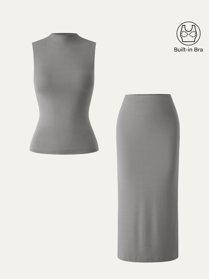 2Pcs Set Mockneck Brami Tank & Column Maxi Skirt Evening Grey XS