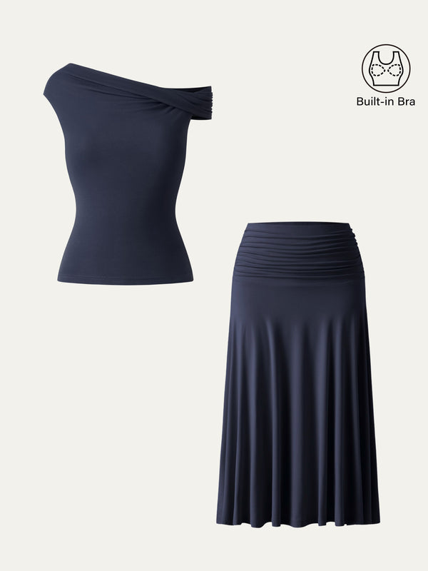 OGLmove 2Pcs Set Multi-wear Bra Top & Side Ruched A-line Midi Skirt