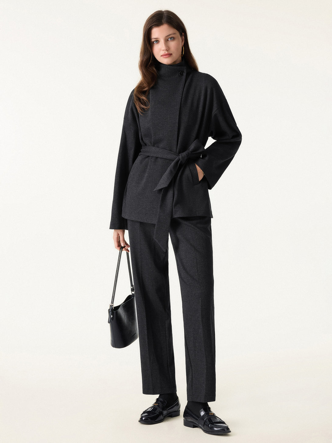 2Pcs Set Regular Tapered Trousers with Pockets & Retro Belted Jacket Onyx Black XS