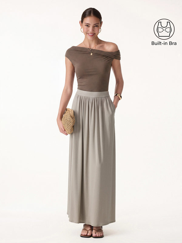 OGLmove 2Pcs Set Multi-wear Necklines Bra Top & Gathered A-Line Maxi Skirt with Pockets Iced Mocha/Dark Alabaster XS