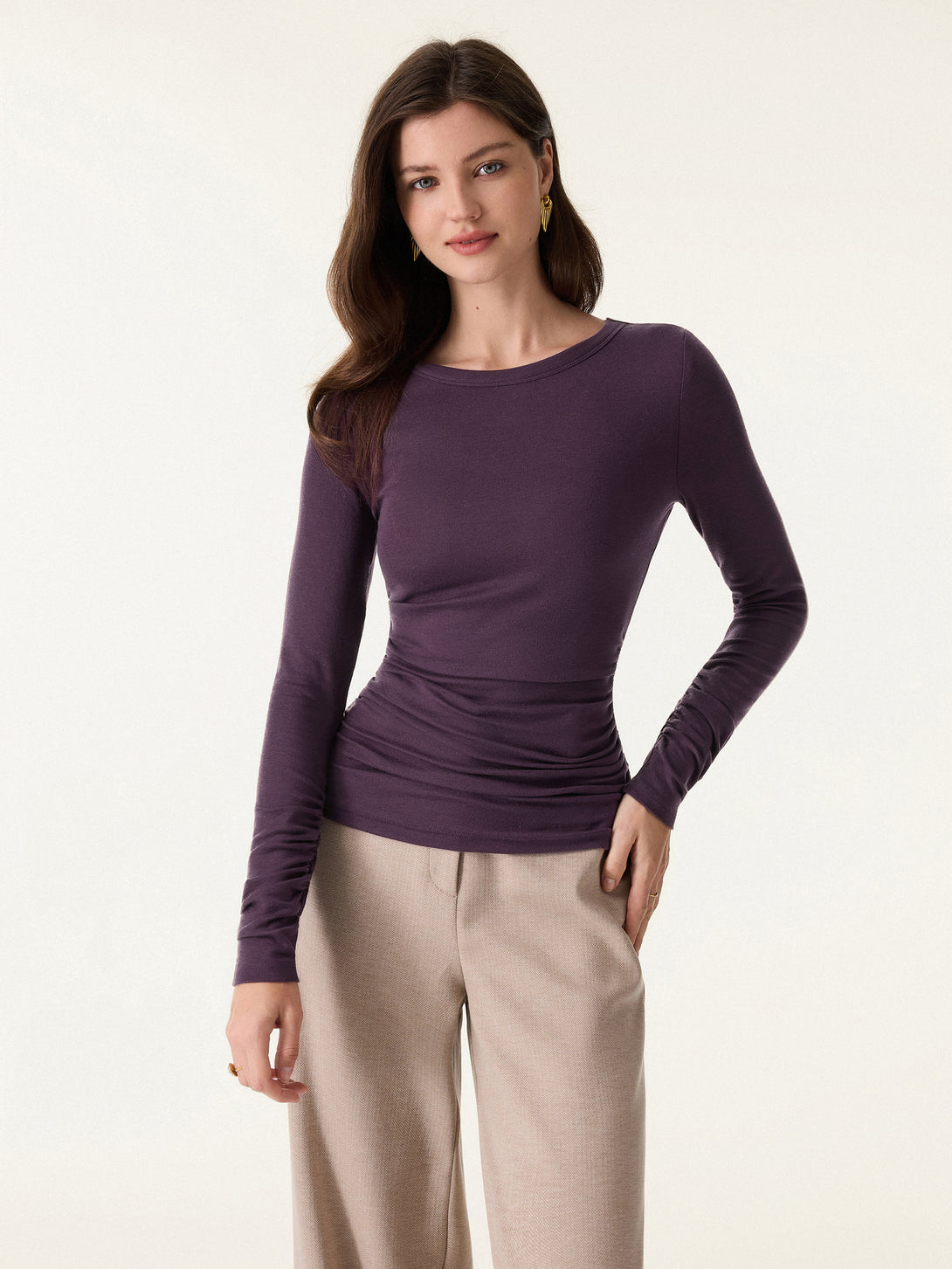 Lyocell Cashmere Ruched Sleeve Skimming Top