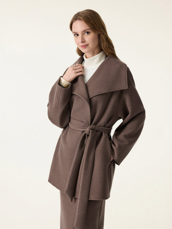 Belted Wrap Coat with Convertible Collar Chocolate Brown XS