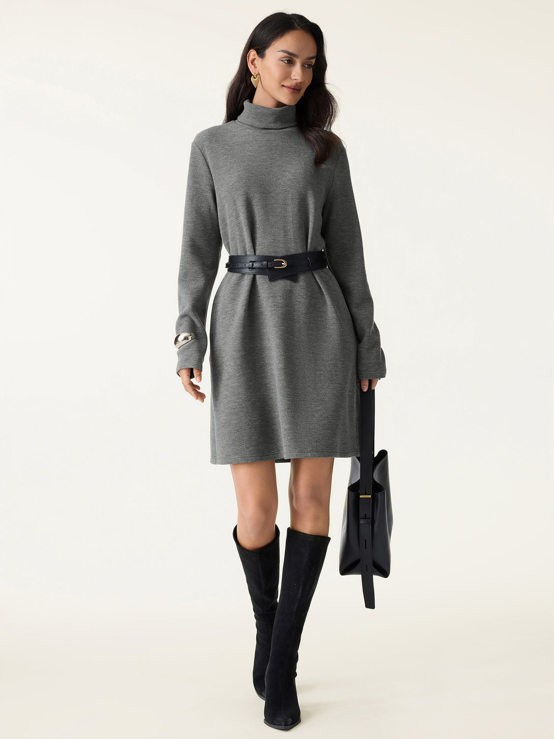 Cozy Warm Turtleneck Brushed Inside Mini Dress Heather Stone Sage XS
