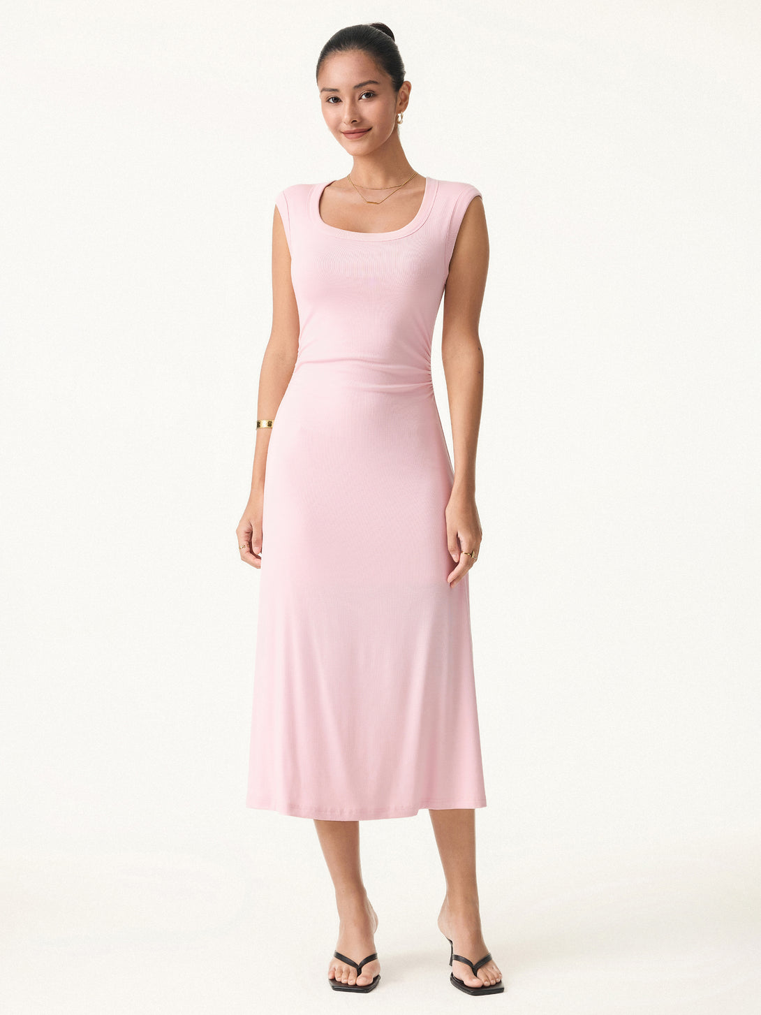 Scoop Neck Side Ruched New Airy Brami Midi Dress