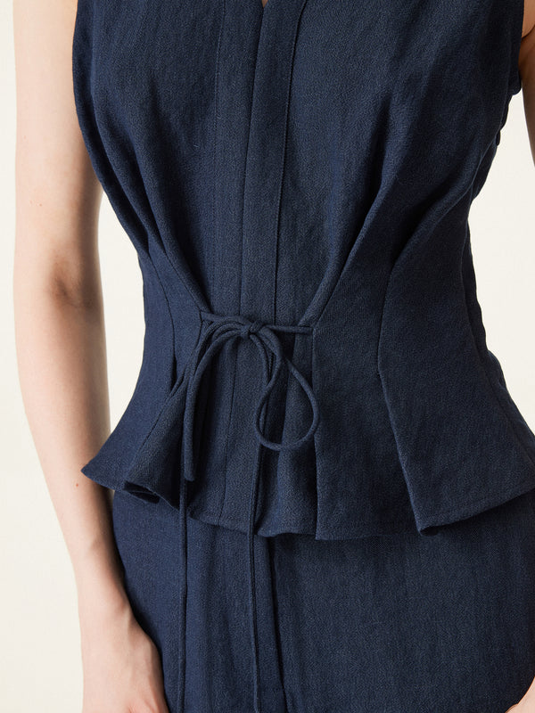 Collared V-neck Pleated Sleeveless Top with Drawstring