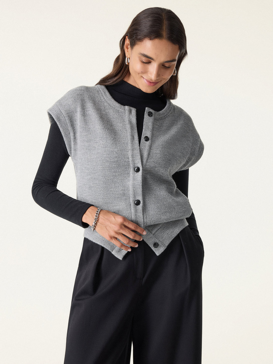 Cozy Crewneck Button Front Vest with Banded Hem