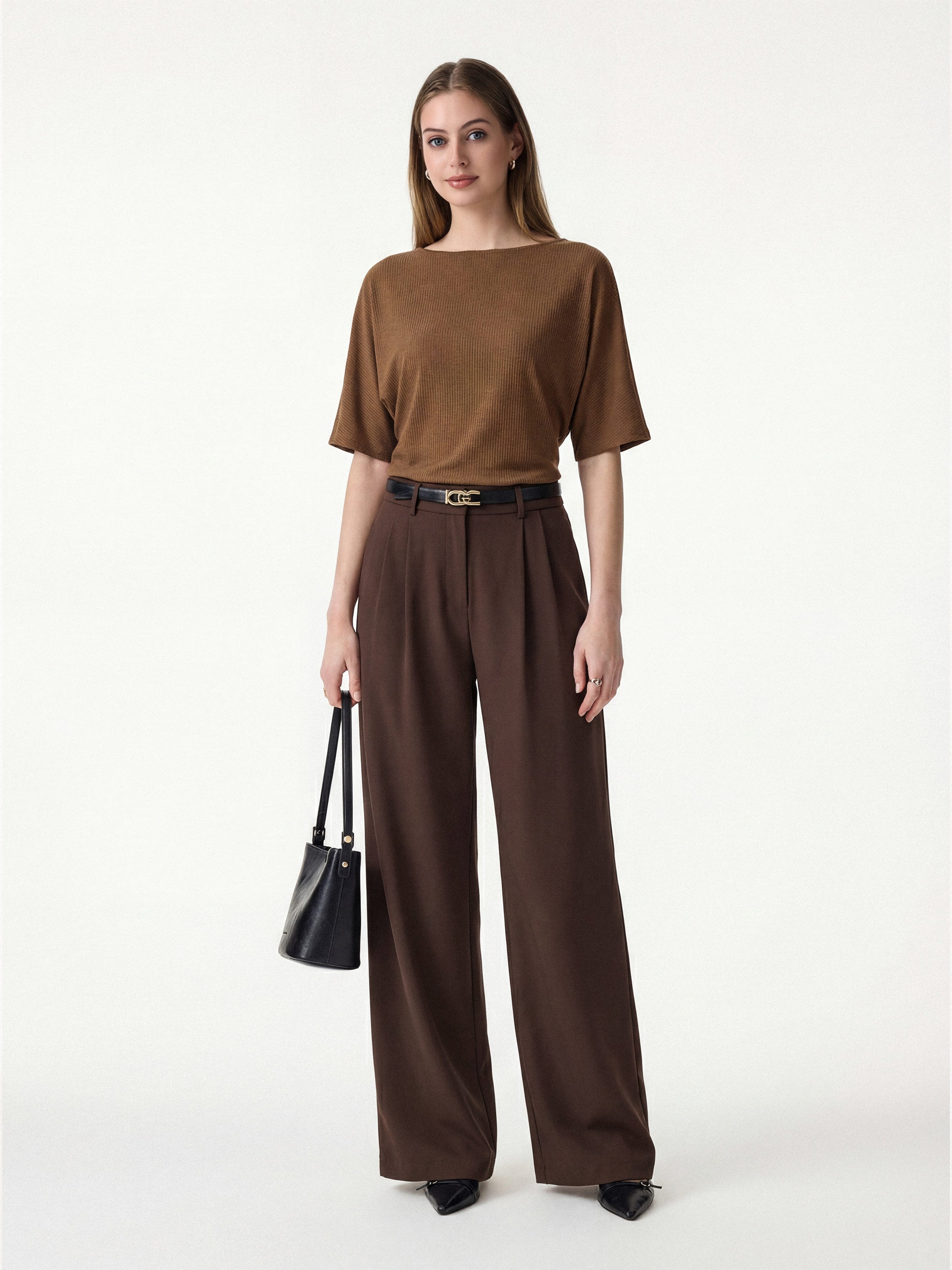2Pcs Set Boatneck Relaxed Top & Wide Leg Pant Pockets