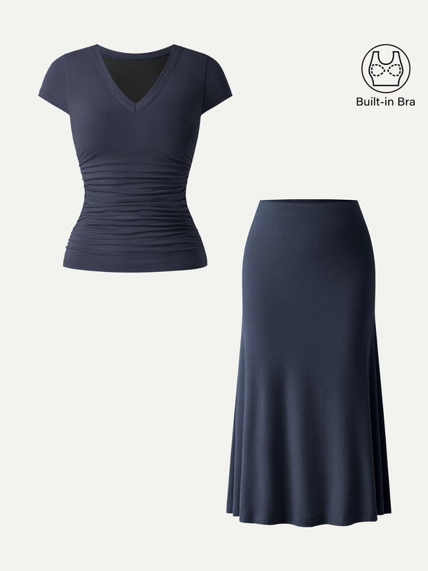 2Pcs Set V-neck Cap Sleeve Bra Tee & Pull-on Mermaid Midi Skirt Midnight Navy XS
