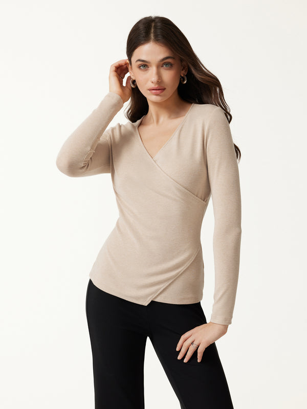 OGLmove Eco-Mousse® Surplice Long Sleeve Asymmetrical Hem Top Natural Calico XXS