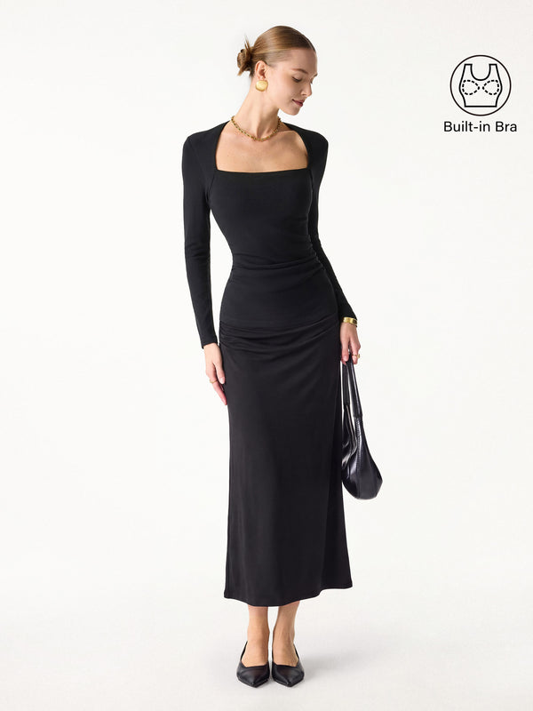 OGLmove 2Pcs Set Trapeze Neck Built-In Bra Top 2.0 & Mid-Rise Ruched Flared Midi Skirt Black XXS