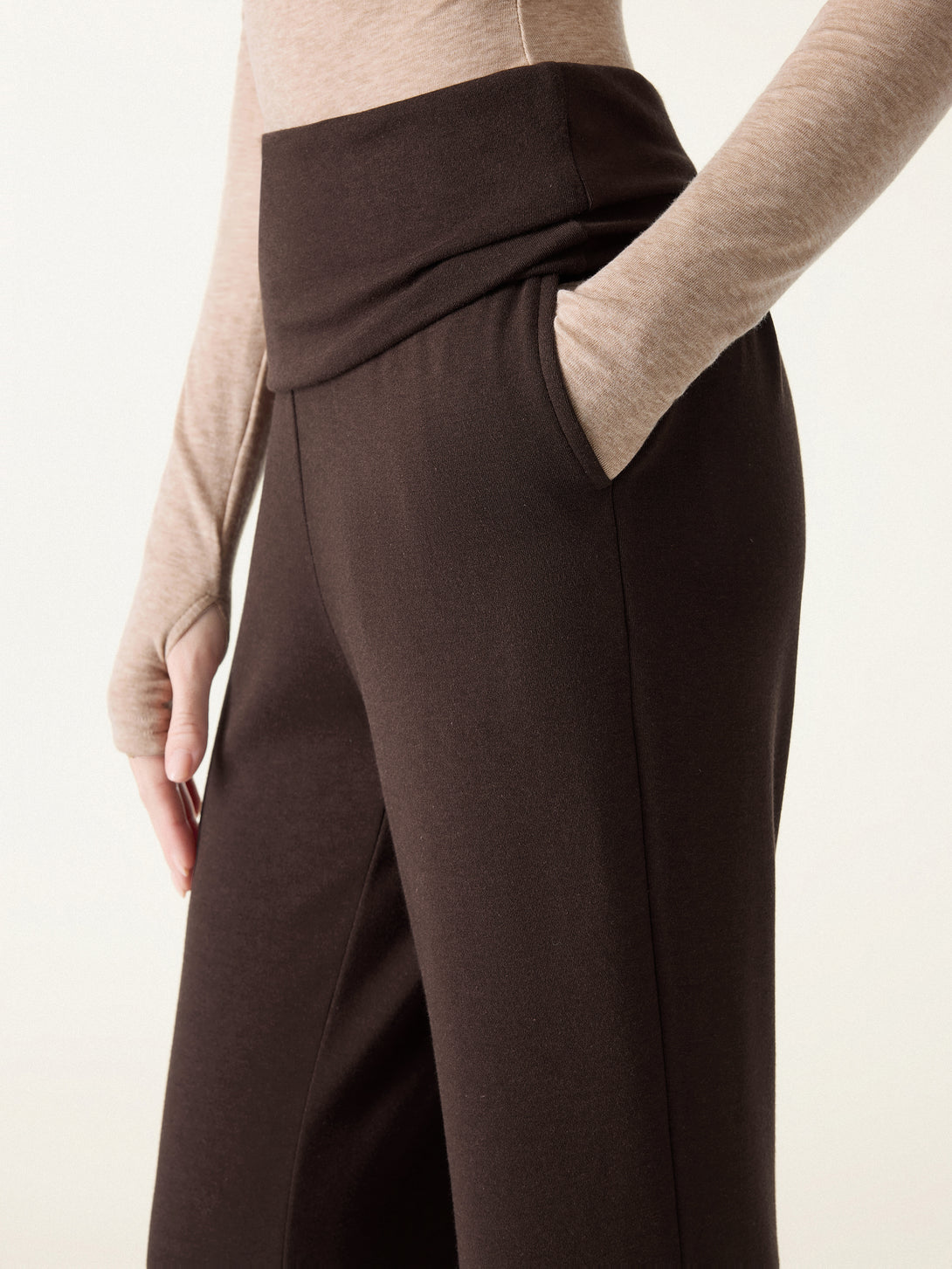 Tummy Warmer Folding Waistband Flared Pants with Pockets