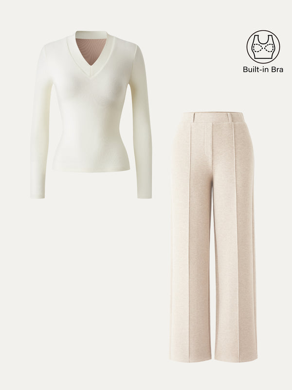 OGLmove 2Pcs Set V-neck Slimming Brami Top & High Waisted Straigh Leg Pant Off White/Heather Beige XXS