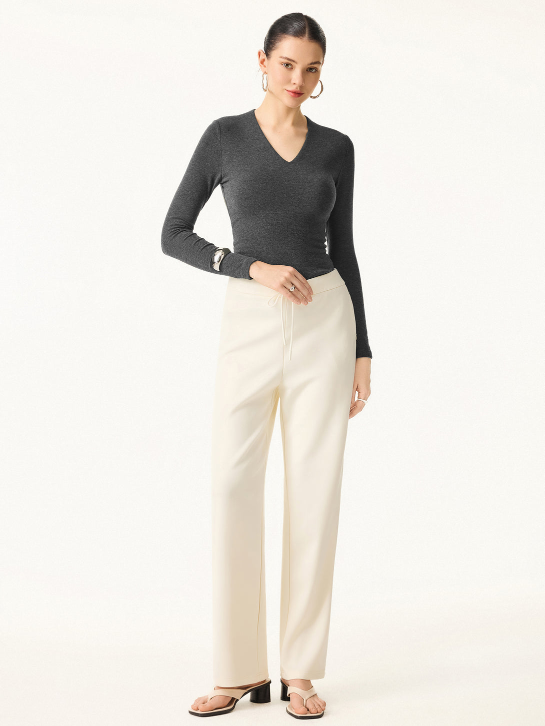 2Pcs Set Stretch Cotton V-Neck Long Sleeve Brami Top