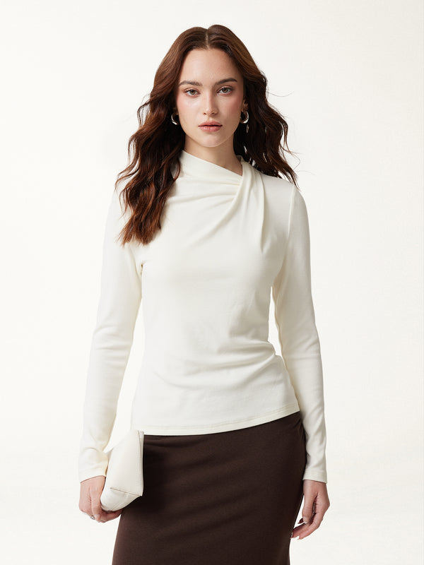 OGLmove LiteWarm Draped Mock Neck Long Sleeve Top Off White XXS